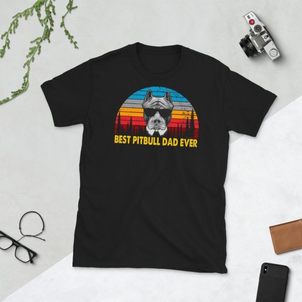 Vintage Best Pitbull Dad Ever Shirt Funny Dog Daddy T-shirt Retro Sunrise Pitties Dogs Owner Sun Glasses Tee Father's Day Gift Ideas Short-Sleeve Unisex T-Shirt