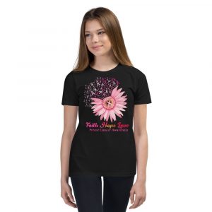 Faith Hope Love Breast Cancer Awareness Flower Pink Youth Short Sleeve T-Shirt