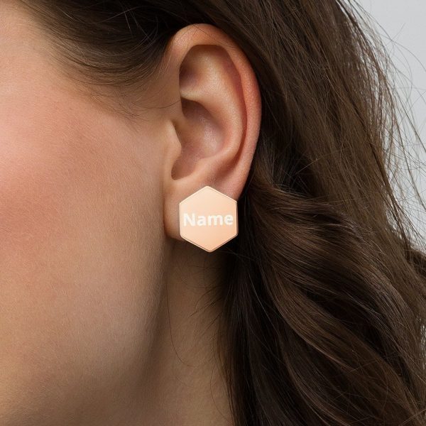 Customized Engraved Silver Hexagon Necklace Necklace Customized Name Sterling Silver Hexagon Stud Earrings