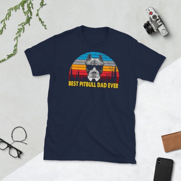 Vintage Best Pitbull Dad Ever Shirt Funny Dog Daddy T-shirt Retro Sunrise Pitties Dogs Owner Sun Glasses Tee Father's Day Gift Ideas Short-Sleeve Unisex T-Shirt